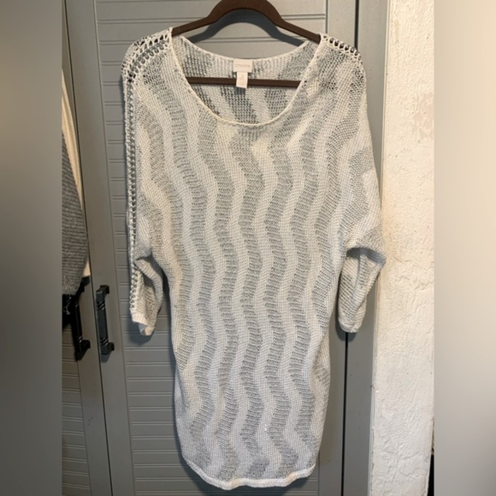 Chicos Silver Threaded Knit Silver Chain Sleeve Sweater Size 3 EUC